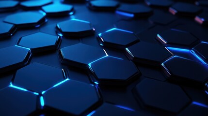 Obraz premium A modern dark hexagonal carbon fiber background with electric blue luminous lines and highlights creates an ultra-detailed, seamless pattern, delivering a futuristic tech aesthetic.