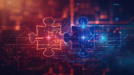 Obraz premium Digital representation of API integration concept with two interlocking puzzle pieces against a futuristic tech-inspired abstract background, symbolizing connectivity and interoperability.