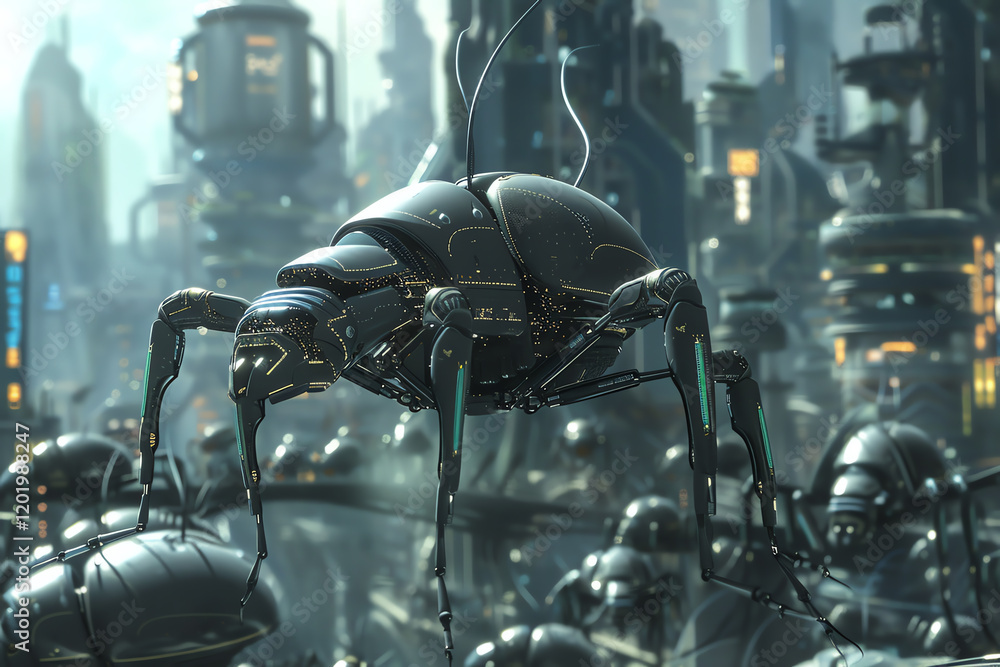 Poster explore a vast, futuristic cityscape where robotic insects mimic real animal behavior with a twist o