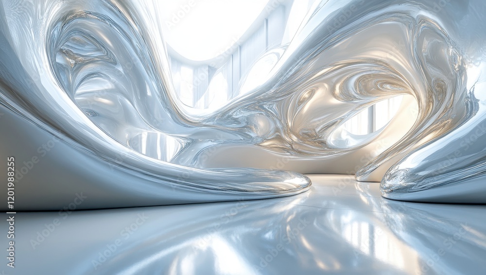 Poster futuristic abstract interior space with shiny metallic surfaces and flowing forms illuminated by sof