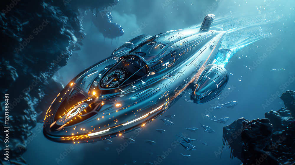 Poster explore a wide-angle view of a futuristic submarine equipped with advanced holographic navigation sy