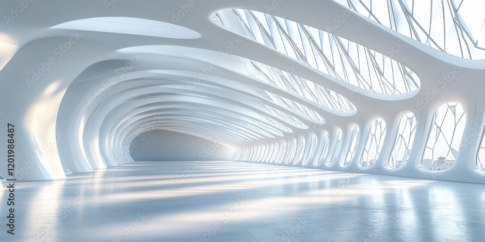 Poster Futuristic and Minimalist Interior View of an Empty Space with Curved Architecture and Natural Light Streaming Through Large Windows
