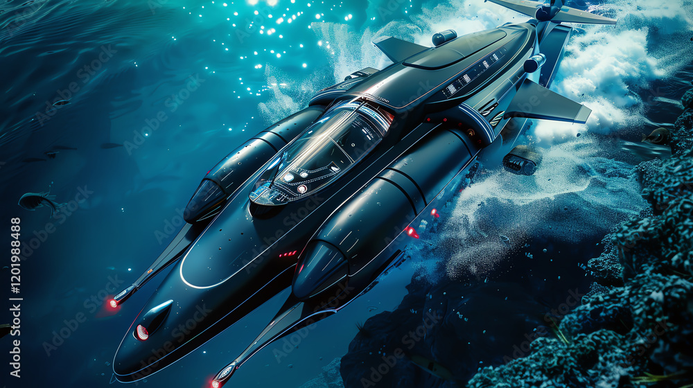 Poster Explore a wide-angle view of a futuristic submarine equipped with advanced holographic navigation systems on a thrilling deep-sea expedition Utilize unexpected camera angles to capture the sleek desig