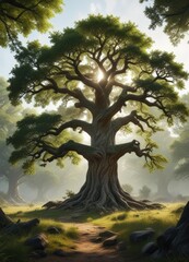 Fototapeta premium An ancient oak tree stands guard over a quiet forest glade, mossy leaves, forest glade