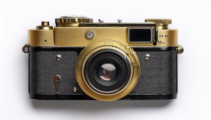 antique black and gold film camera on a white background