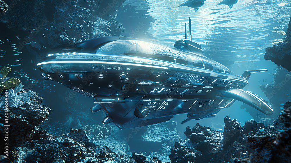 Poster explore a wide-angle view of a futuristic submarine equipped with advanced holographic navigation sy