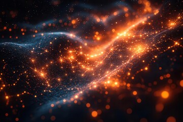 Obraz premium a quantum network visualization with crystalline data nodes floating in deep space, connected by streams of iridescent light, featuring complex mathematical symbols and binary code