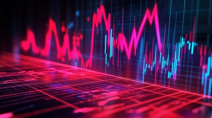 Red and blue stock market chart on a black background showing financial data trends and analysis