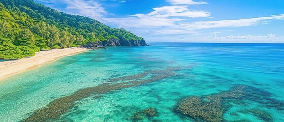 Obraz premium An asymmetrical beachscape with vibrant coral reefs visible in shallow waters on one side, and a steep, rugged shoreline on the other