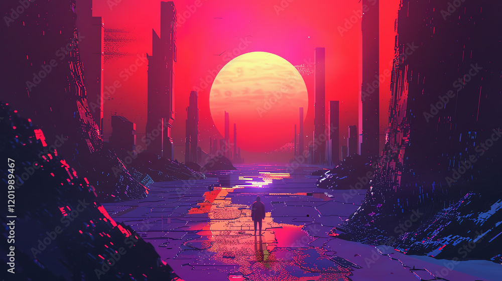 Poster explore unexpected camera angles in a dystopian landscape using a pixel art style play with perspect