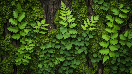 Lush green ferns and moss on tree bark creating a vibrant natural pattern in a forest environment under soft natural lighting