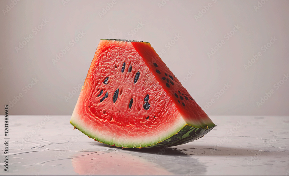 Poster a slice of watermelon is cut in half and placed on a table. concept of freshness and summertime, as 
