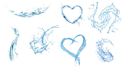 Water splash. Isolate waves, liquid drops, ocean or sea drops, cold drink, Features circular splash, water crown, abstract splashes, and water drops on a white background in crystal clear blue tones.