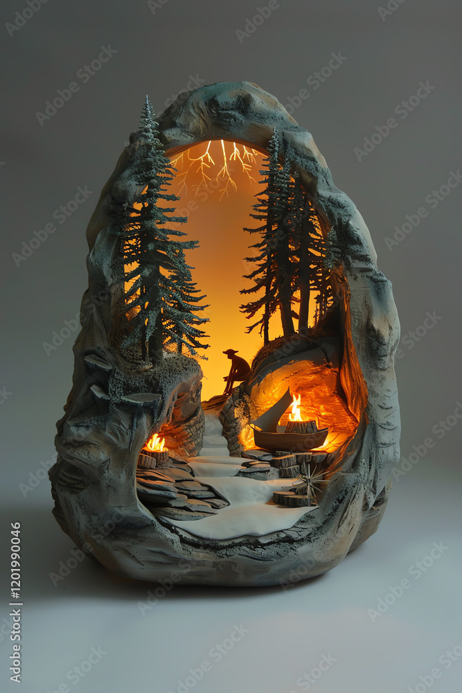 Poster illustrate a clay sculpture displaying a low-angle view of a wilderness camping scene fused with fut