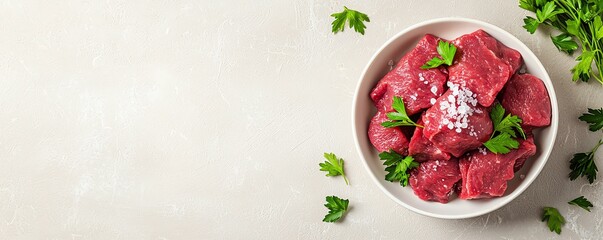 Fresh raw meat chunks garnished with parsley and salt on a light surface.
