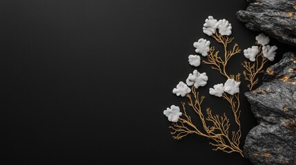 Dog-Pelt Lichen lichen in black and gold colors on dark matte background, premium botanical wallpaper with lichens and flowers