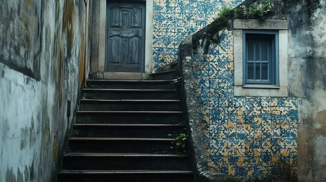 Old European Building Exterior with Intricate Tiles and Wooden Stairs - A Timeless Architectural Gem