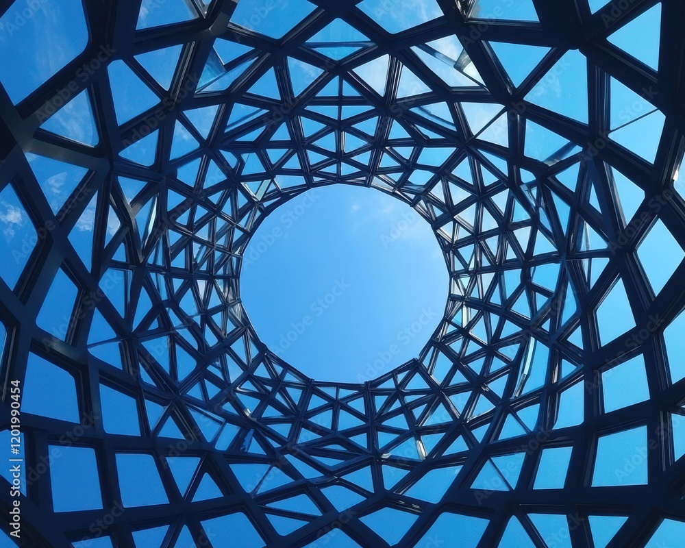 Poster geometric architecture viewpoint of modern structure framing sky with intricate metal framework for 