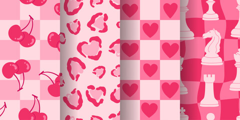 Set of four seamless Valentine’s Day patterns featuring cherries, hearts, leopard print, and chess pieces in shades of pink. Y2K style. Perfect for festive designs, wrapping paper, and holiday themes.