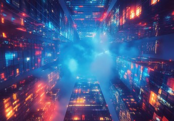 Obraz premium Futuristic Urban Landscape with Gleaming Skyscrapers Under a Cloudy Night Sky, Radiating Neon Lights and Vibrant Colors in a Modern Metropolitan Setting