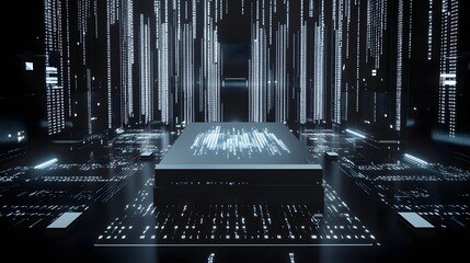 Digital Data Stream Flows Over Futuristic Processor