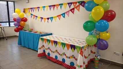 Obraz premium A colorful tablecloth with balloons and streamers creating a fun and lively party atmosphere, party table decor, happy birthday decor, joyful scene, colorful table setting, birthday party arrangement