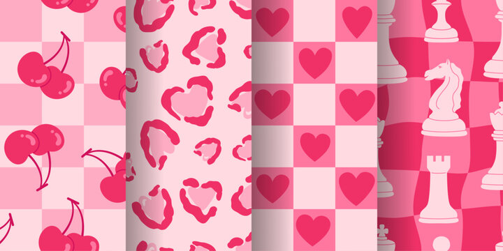 Set of four seamless Valentine&rsquo;s Day patterns featuring cherries, hearts, leopard print, and chess pieces in shades of pink. Y2K style. Perfect for festive designs, wrapping paper, and holiday themes.