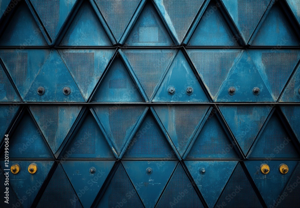 Poster geometric patterns on a blue metallic wall with triangular shapes and textured surfaces, perfect for