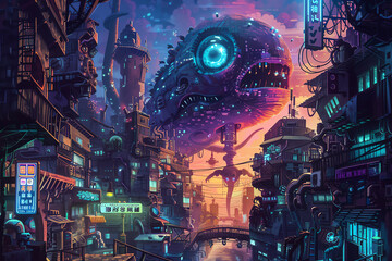 Illustrate a digital rendering featuring a pixelated universe where futuristic gadgets coexist with fantastical creatures, viewed from a unique worms-eye perspective Emphasize sharp contrasts and vivi
