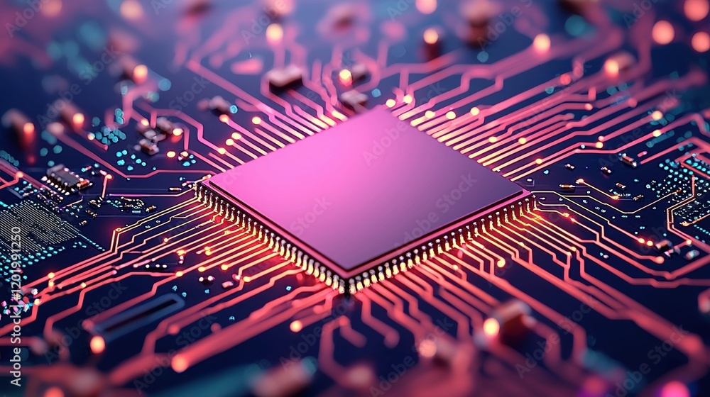 Poster futuristic circuit board design with glowing lines showcased in a high-tech environment for digital 