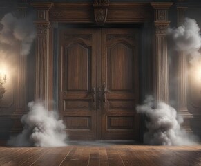 A large wooden door on a grand stage with thick grey smoke billowing out of it, mysterious entrance, dusty theater