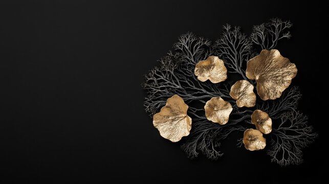Pixie Cups lichen in black and gold colors on dark matte background, premium botanical wallpaper with lichens and flowers