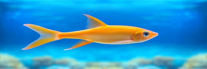 Golden Fish in Blue Water - A vibrant orange fish swims gracefully in a clear blue aquarium, showcasing its bright scales and elegant form.