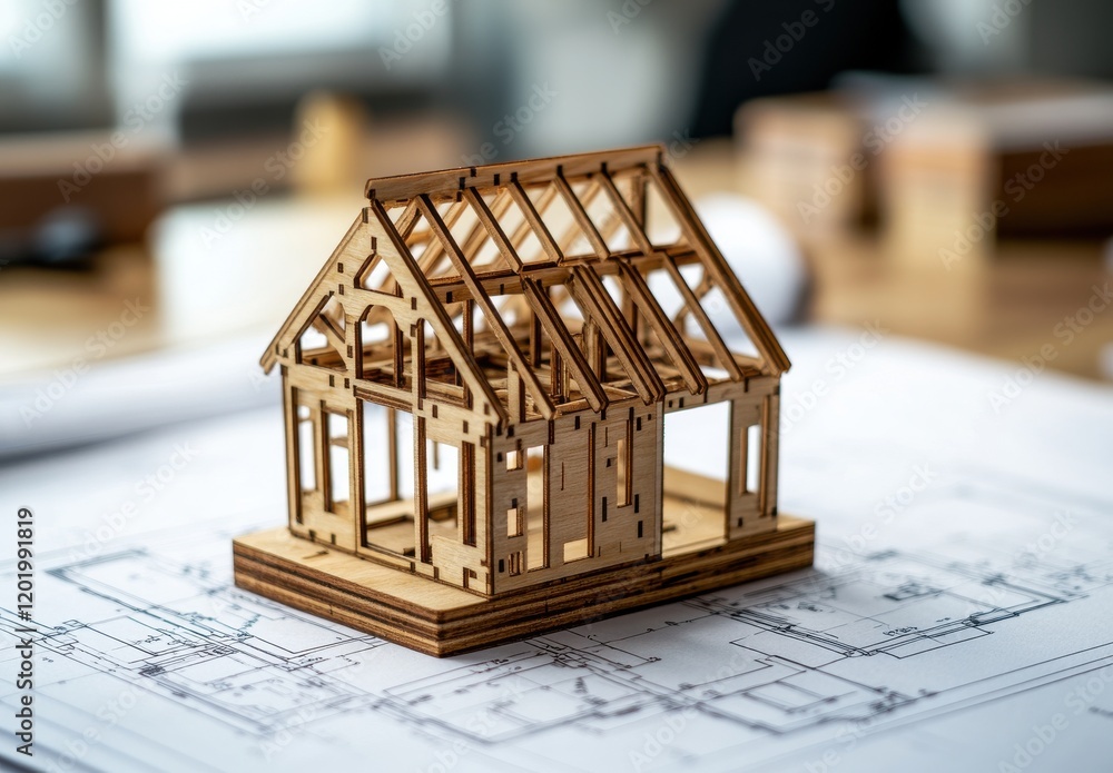 Poster intricate wooden model house on architectural blueprints showcases precision in design and craftsman