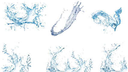 Water splash. Isolate waves, liquid drops, ocean or sea drops, cold drink, Features circular splash, water crown, abstract splashes, and water drops on a white background in crystal clear blue tones.
