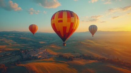 Fototapeta premium Three hot air balloons float peacefully over the rolling hills during a golden sunrise casting a warm glow across the landscape