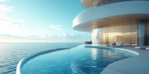Fototapeta premium Luxurious Infinity Pool Overlooking Serene Ocean with Modern Architecture in Bright Natural Light and Clear Blue Sky Ideal for Relaxation and Tranquility
