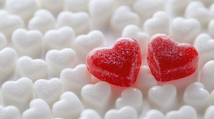 Obraz premium Two heart-shaped red jelly candies on a white marshmallow background, close-up macro photography with soft shadows, high resolution, professional color grading, and clean sharp focus for a sweet and r