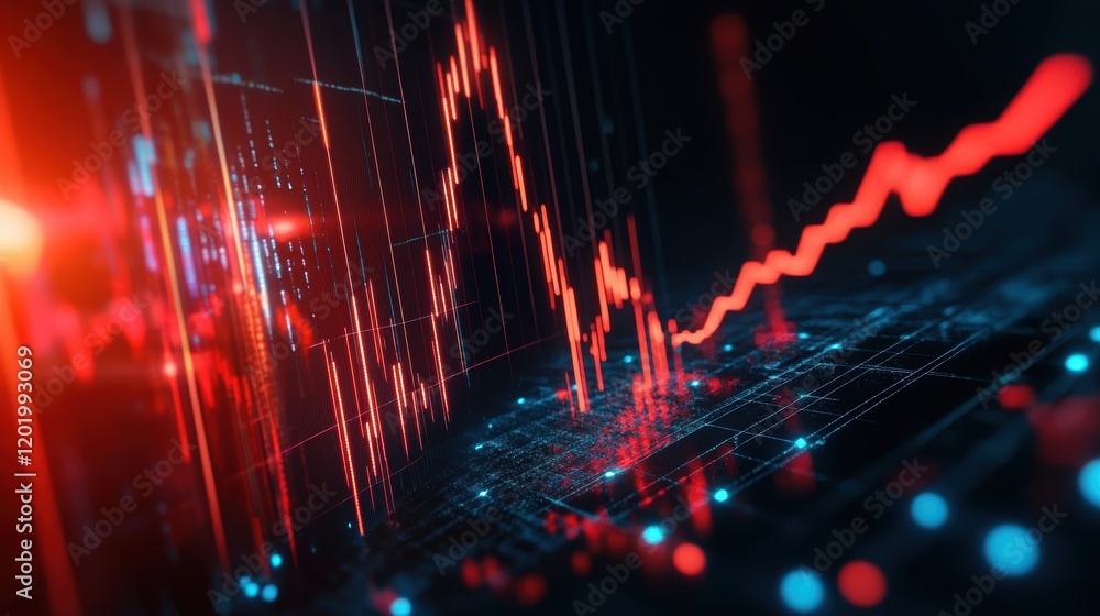 Poster red and blue background with line graph data visualization for business analysis and presentations