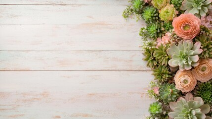 Peach ranunculus and succulents on white wood. Spring floral background for greeting cards