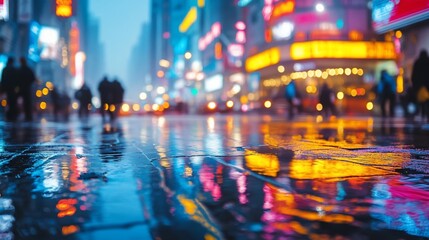 Obraz premium Rainy night city street, blurred lights, reflections, urban scene, background ideal for travel blogs