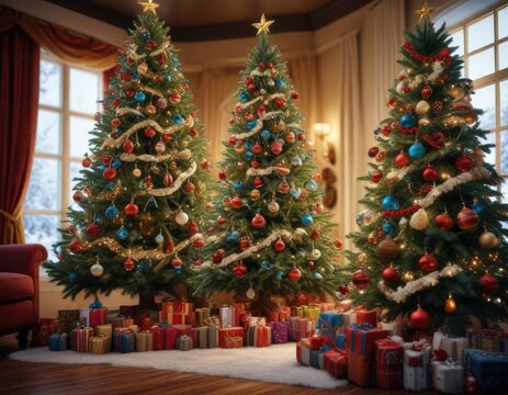 A majestic Christmas tree is adorned with a variety of colorful ornaments and decorations in a winter wonderland scene, garlands, evergreen trees, baubles