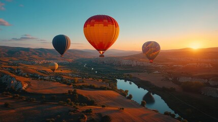 Obraz premium Majestic Hot Air Balloons Ascending over Cappadocia's Valley at Sunrise A breathtaking scenery featuring vibrant air balloons against a warm golden landscape