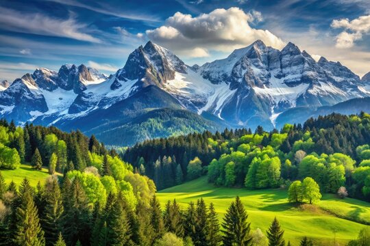 A majestic mountain range with snow-capped peaks and lush green forests in the background, summit, forest - Powered by Adobe