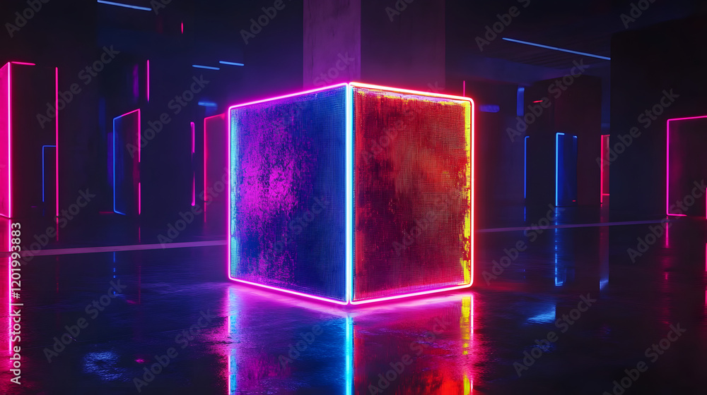 Canvas Prints neon-lit cube in dark room with reflective surface and vivid colors