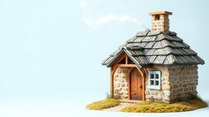 Fototapeta premium A tiny cottage with a chimney puffing out soft white smoke, rustic charm, enchanted forest