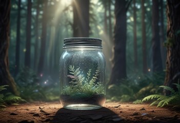Fototapeta premium A mason jar containing iridescent dust emits a soft, ethereal light in the center of a mystical forest, iridescent sparkle, glow