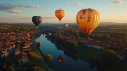 Fototapeta premium Breathtaking aerial view of hot air balloons drifting over a charming European village at golden hour offering a sense of adventure and tranquility