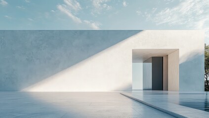 Minimalist architectural design featuring a serene exterior with soft light, clear reflections, and a vast sky, ideal for contemporary aesthetic and modern living space inspiration.