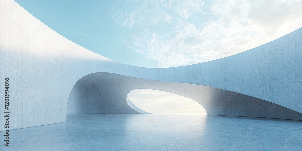 Poster minimalist architectural design with curved structures and soft lighting in a spacious indoor enviro